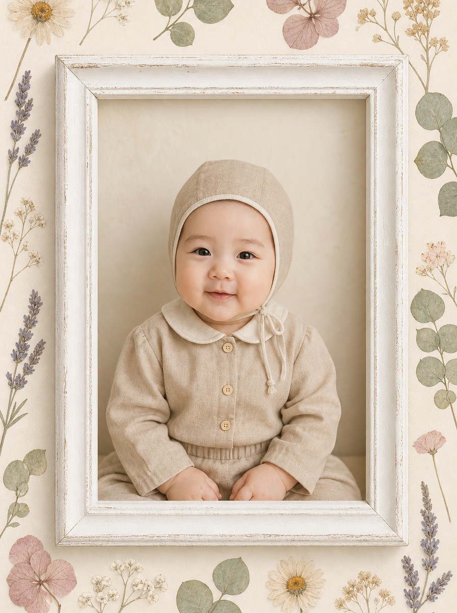White Vintage Frame Pressed Flower First Birthday