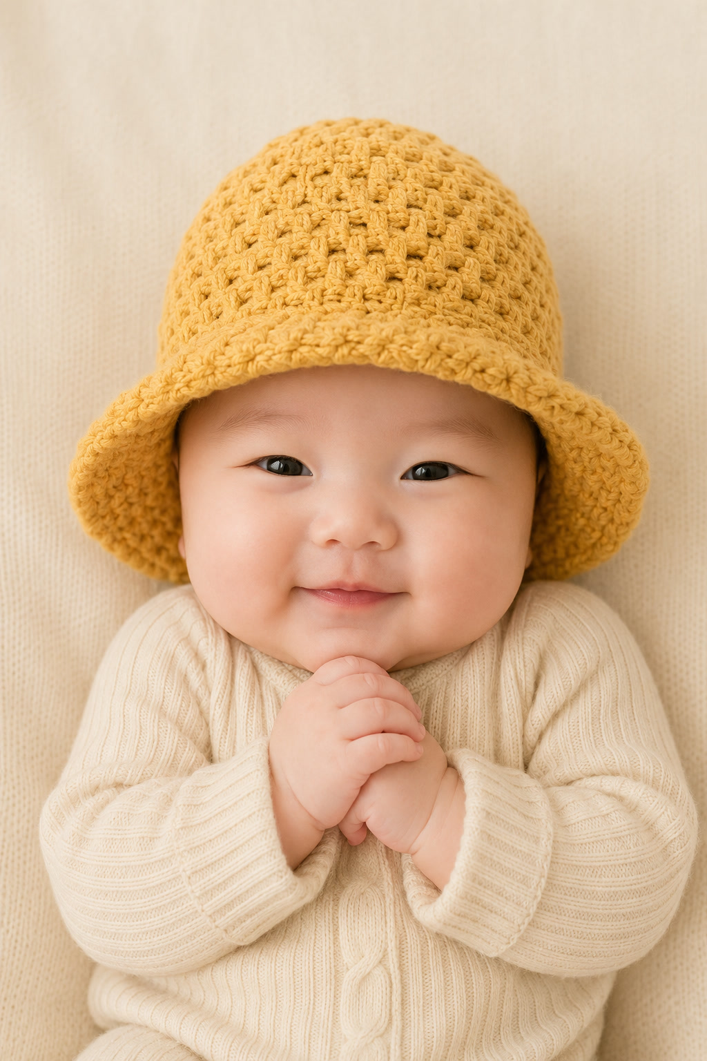 Baby with Mustard Crochet Bucket Hat Smile