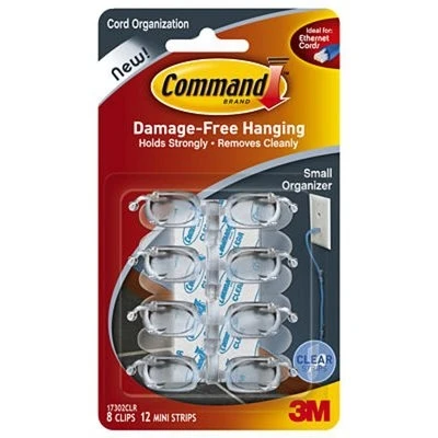 Cord Organizers With Adhesive Strips, Clear, Small, 8 Clips/12 Strips