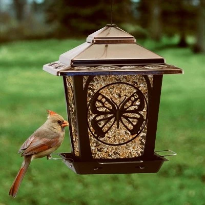 Bird Feeder, Hopper Style With Butterfly Accents, Metal