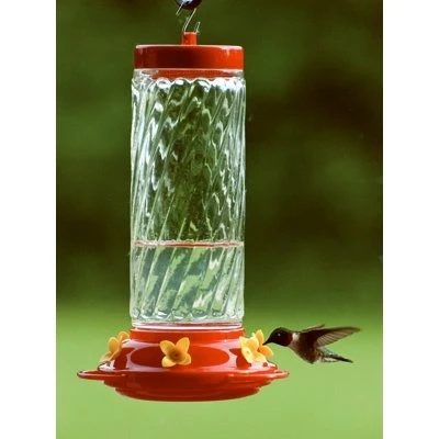 Hummingbird Bird Feeder with Clear Swirl Glass Reservoir, 30 Ounce Capacity