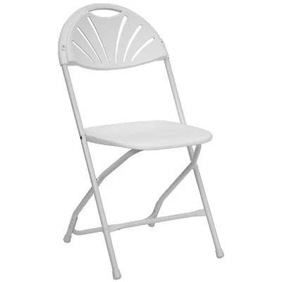 Fanback Folding Chair, White Plastic, Metal Frame