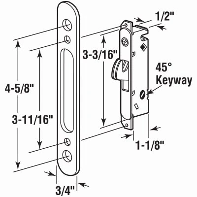 Steel Mortise Lock with 45 Degree Keyway, Round Faceplate, Spring-Loaded, 4 and 5 Eighths Inch