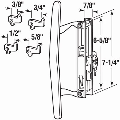 Sliding Glass Door Handle Set, Diecast Metal, Hook Style, Flush Mount, 6 and 5/8 Inches Length