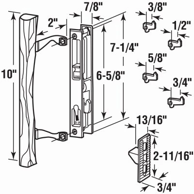 Sliding Glass Door Handle Set, Diecast Metal and Wood, Hook Style, 6 and 5 Eighths Inches