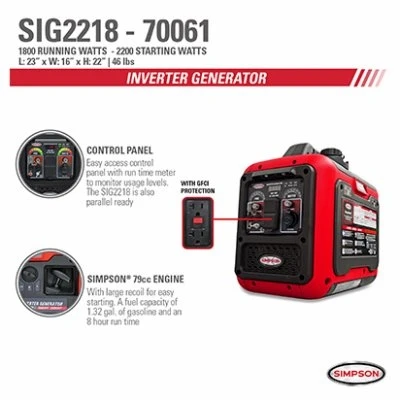 Portable 1800 Watt Inverter Generator Model SIG2218 with Quiet Operation and Compact Design