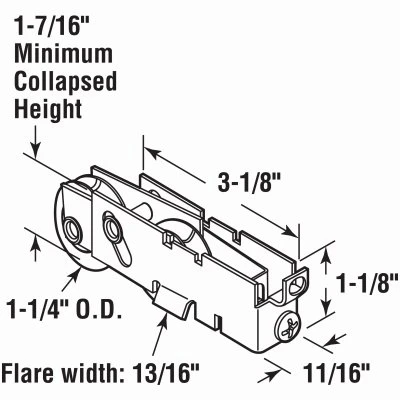 Sliding Door Tandem Roller Assembly with F-Tab, Steel Construction, 1 and 1 Quarter Inch Diameter