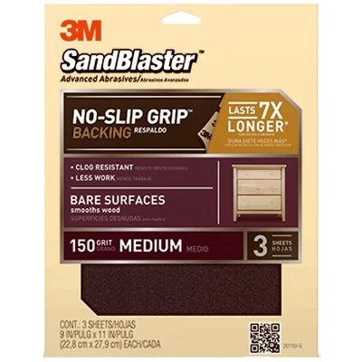 Sandblaster No Slip Grip Sandpaper, 150-Grit, Maroon, 9 x 11-In., 3-Pk.