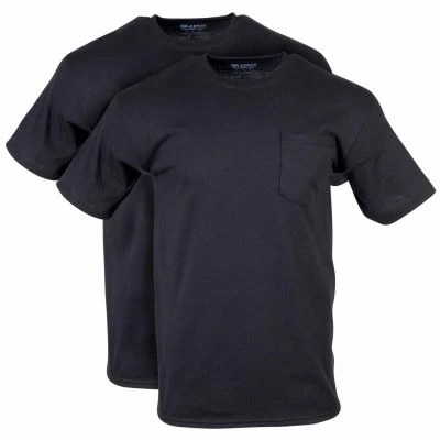 Short Sleeve Pocket T-Shirts, Black Cotton, M, 2-Pk