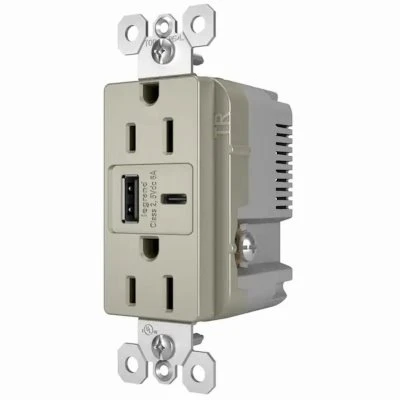 Pass and Seymour Duplex Electrical Outlet with Type A and Type C USB Charger, Nickel Finish, 6.0 Amp USB, 15 Amp Standard Outlet