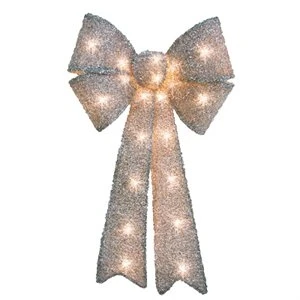 Pre-Lit Silver Tinsel Bow with 20 Clear Mini Lights, 12 by 24 Inches