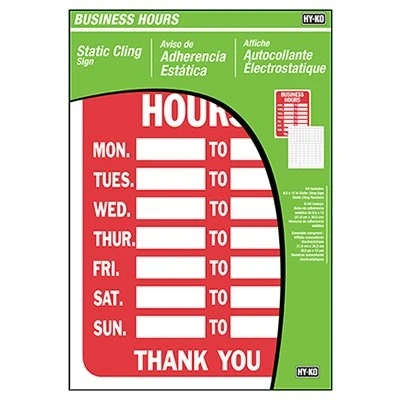  Business Hours  Sign, Static Cling, 8.5 x 12-In.