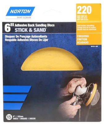 Adhesive-back Sanding Discs, Gold, 220 Grit, 6-in., 15 Count, Dual Action