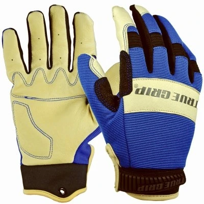 Hybrid Leather Work Gloves, Pigskin/Spandex, Blue, Men's Medium