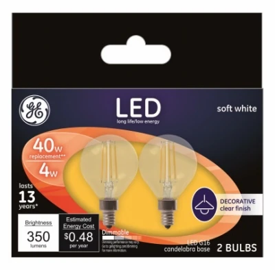 Decorative LED Light Bulbs, Candelabra Base, Soft White, Clear, Dimmable, 350 Lumens, 4 Watt, 2-Pk.