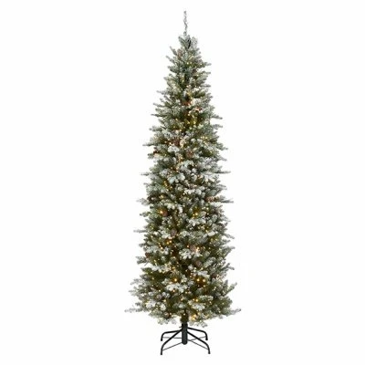 Feel Real Artificial Pre-Lit Snowy Morgan Spruce Pencil Christmas Tree, Hinged, 7.5 Feet, 1,000 Dual LED Lights