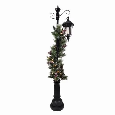 LED Christmas Lamp Post, Hanging Light + 50 Rice Lights, Greenery, 66 In.