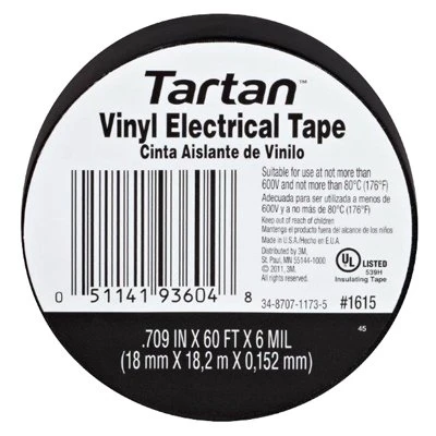 Tartan Electrical Tape, Black Vinyl, 60-Ft.