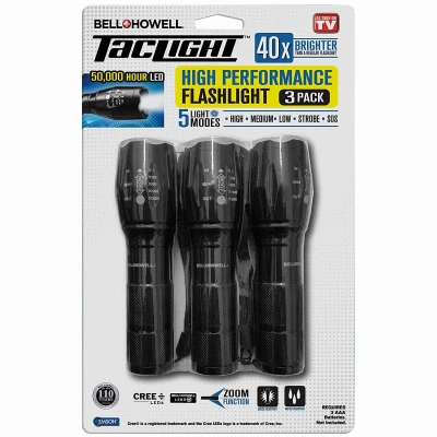 Taclight High-Performance LED Tactical Flashlight, 5 Modes & Zoom Function, 3-Pk.