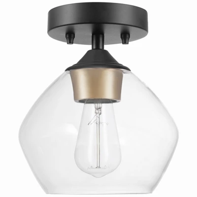 Harrow 1-Light Ceiling Fixture, Gold Accent Socket, Clear Glass Shade, Semi-Flush Mount , Matte Black