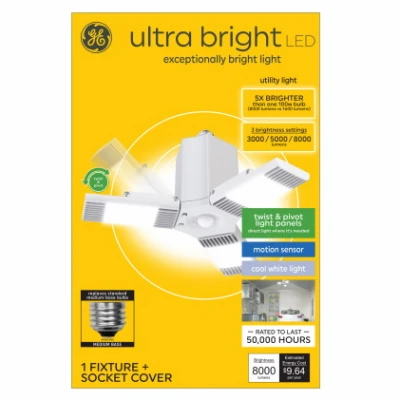 Ultra Bright LED Utility Light Fixture, 3 Twist & Pivot Panels, Medium Base, Motion Sensor, Cool White, 3 Settings