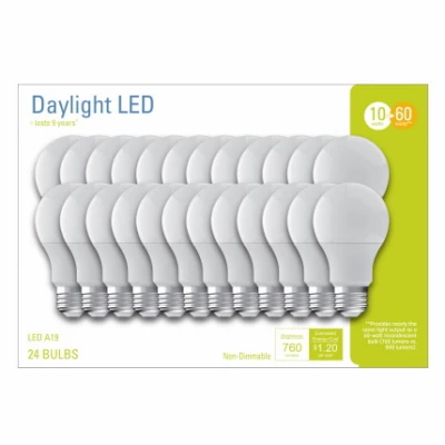 LED Daylight Light Bulbs, A19 Shape, Medium Base, 760 Lumens, 10 Watt, 24-Pk.