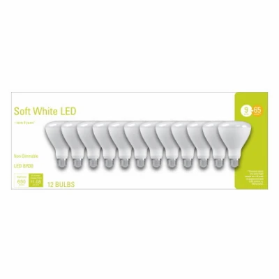 LED Soft White Light Bulbs, BR30 Base, 2700K, 650 Lumens, 9 Watt, 12-Pk.