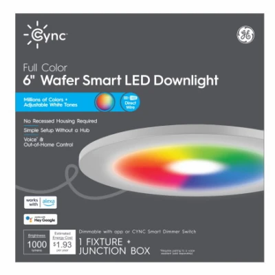 Cync Six Inch Round Wafer Shape Full Color Canless LED Smart Downlight 1000 Lumens 18 Watt Dimmable
