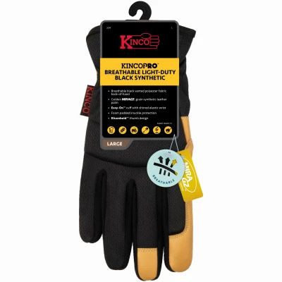 Men's Large Black Poly Gloves With Synthetic Leather Palm And Easy-on Cuff