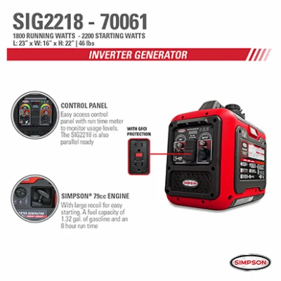 Portable 1800 Watt Inverter Generator Model SIG2218 with Quiet Operation and Compact Design
