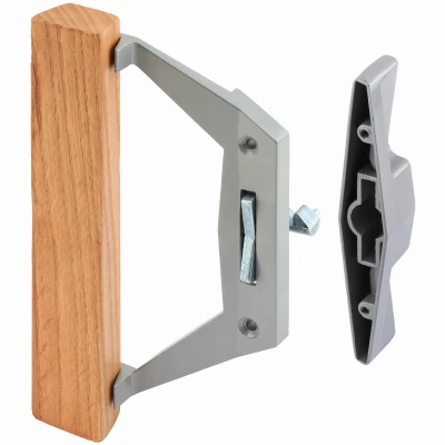 Sliding Patio Door Handle, Gray Diecast with Wood Pull
