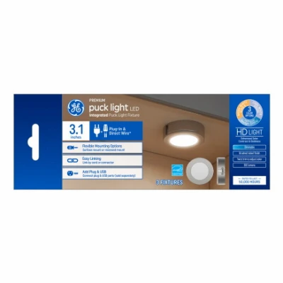 LED Puck Light, White Plastic, Plug In, 3.1 In., 4 Watt, 3-Pk.