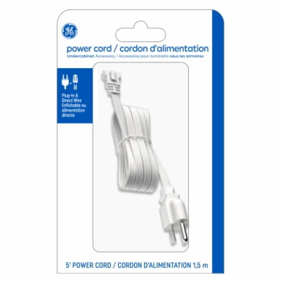 Undercabinet Light Fixture Power Cord, Plug-In or Direct Wire, Five Feet Length