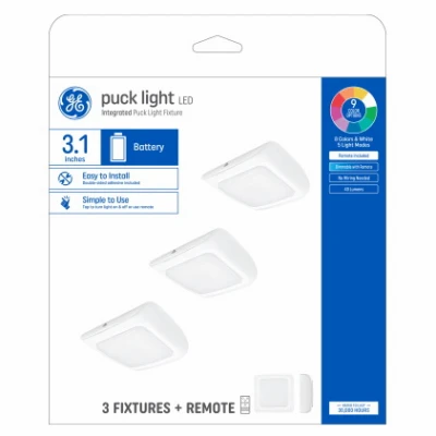 LED Puck Light, White Plastic, Battery Operated, 3.1 In., 0.5 Watt, 3-Pk.