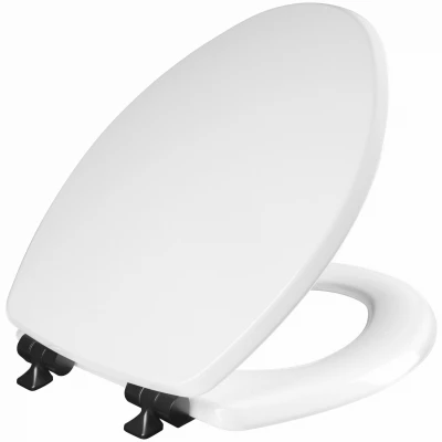 Benton Slow Close Wood Toilet Seat, White, Never Loosens Black Hinge, Elongated