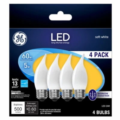 LED Flame Shape Light Bulb, Medium Base, Warm White, Frosted, 5 Watt, 4-Pk.