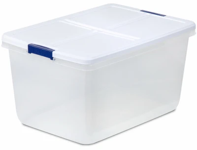 Latched Storage Tote, White/Blue Latch, 66-Qt.