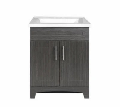 Euro Moderna Grigio Single Sink Bathroom Vanity with White Cultured Marble Top, 24 In. Wide