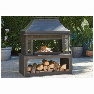 Wood Burning Fireplace, Black, With Log Rack & Tool