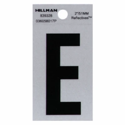 Adhesive House Address Letter E, Reflective Vinyl, Black and Silver, 2-In.