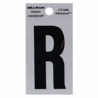 Adhesive House Address Letter R, Reflective Vinyl, Black and Silver, 2-In.