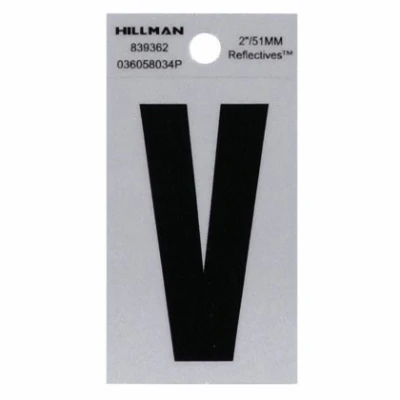 Adhesive House Address Letter V, Reflective Vinyl, Black and Silver, 2-In.
