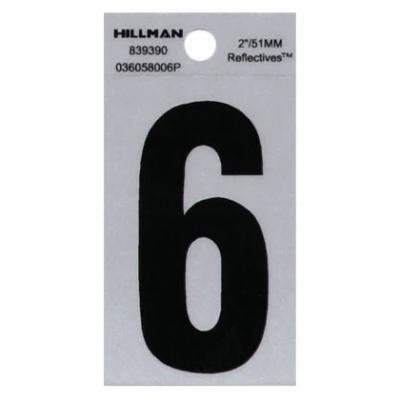 Adhesive House Address Number 6, Reflective Vinyl, Black and Silver, 2-In.