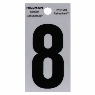 Adhesive House Address Number 8, Reflective Vinyl, Black and Silver, 2-In.