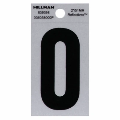 Adhesive House Address Number 0, Reflective Vinyl, Black and Silver, 2-In.