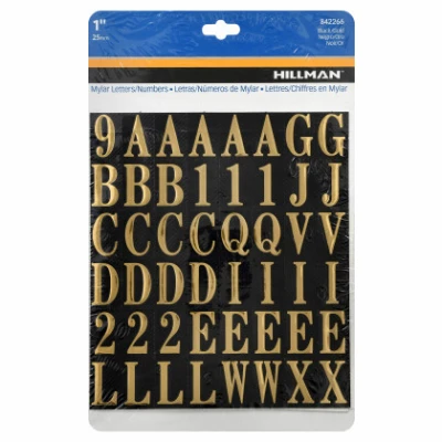 Adhesive House Address Letter & Number Pack, Black and Gold Mylar, 1-In.