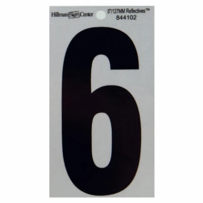 Adhesive House Address Number 6, Reflective Vinyl, Black and Silver, 5-In.