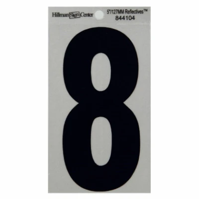 Adhesive House Address Number 8, Reflective Vinyl, Black and Silver, 5-In.