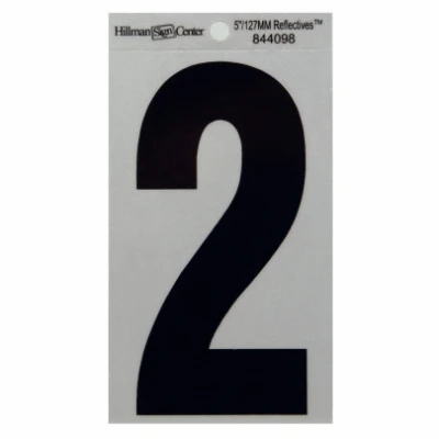 Adhesive House Address Number 2, Reflective Vinyl, Black and Silver, 5-In.