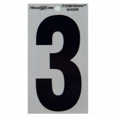 Adhesive House Address Number 3, Reflective Vinyl, Black and Silver, 5-In.